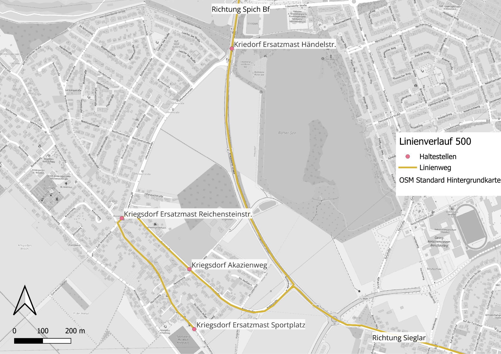 Kartenausschnitt Linienverlauf Linie 500
