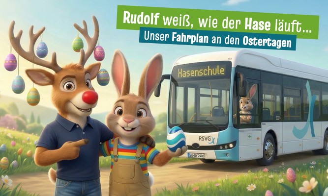Rudolf und Osterhase vor Bus